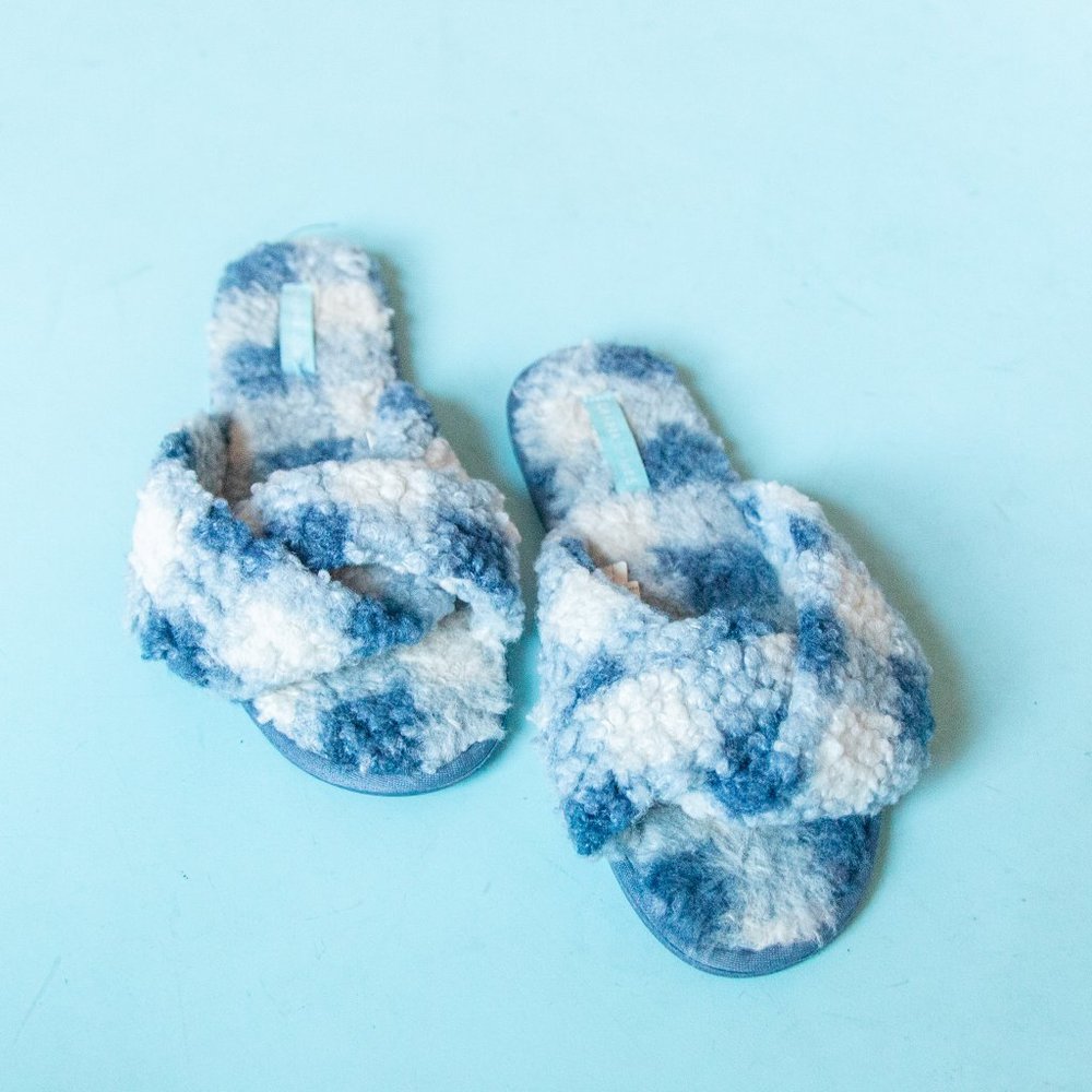 Draper James Blythe Plaid Sherpa Knit Slip On Open Toe Slippers Sz M (7-8)